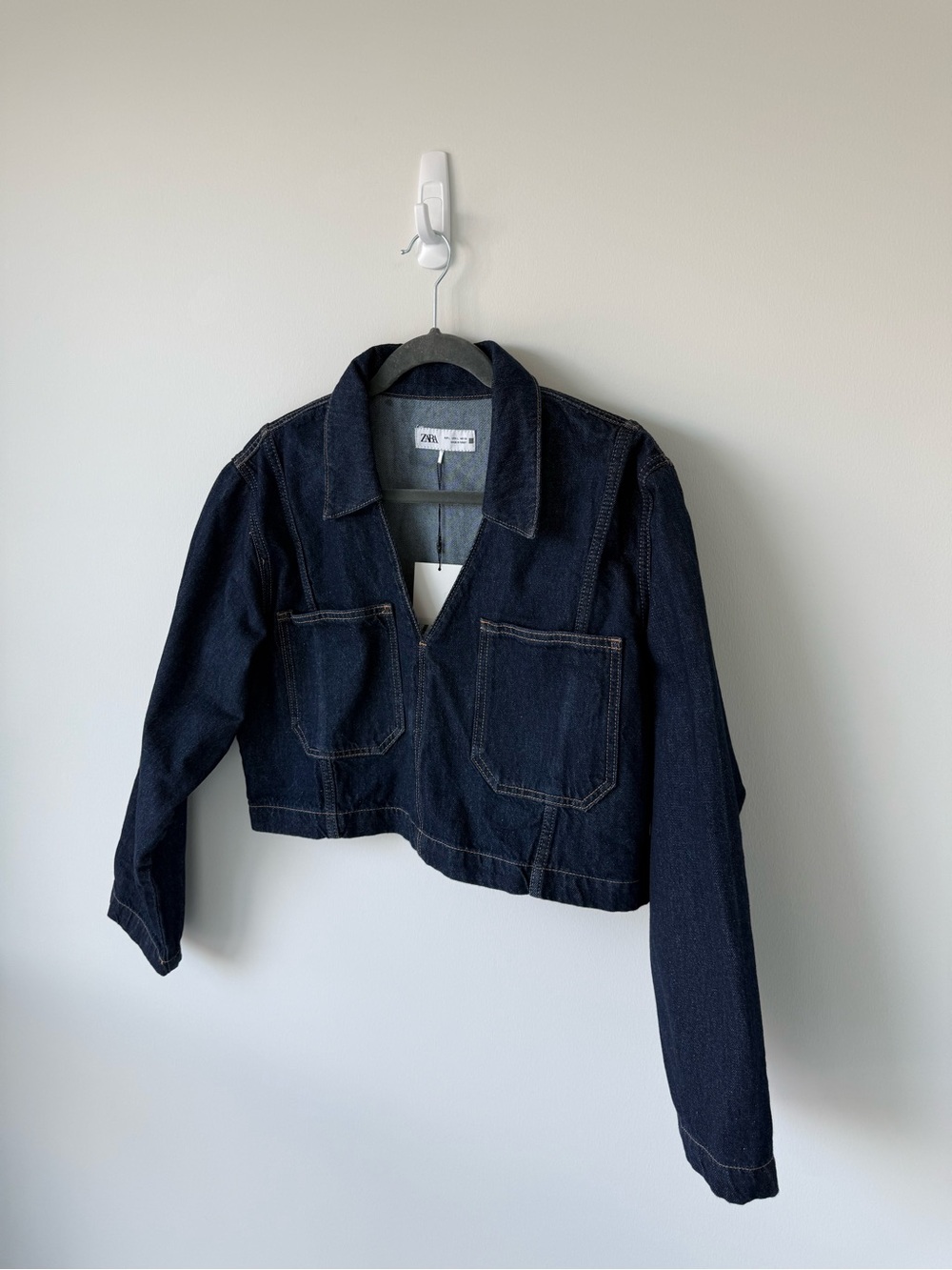 Zara Navy Cropped Denim Jacket with Patch Pockets